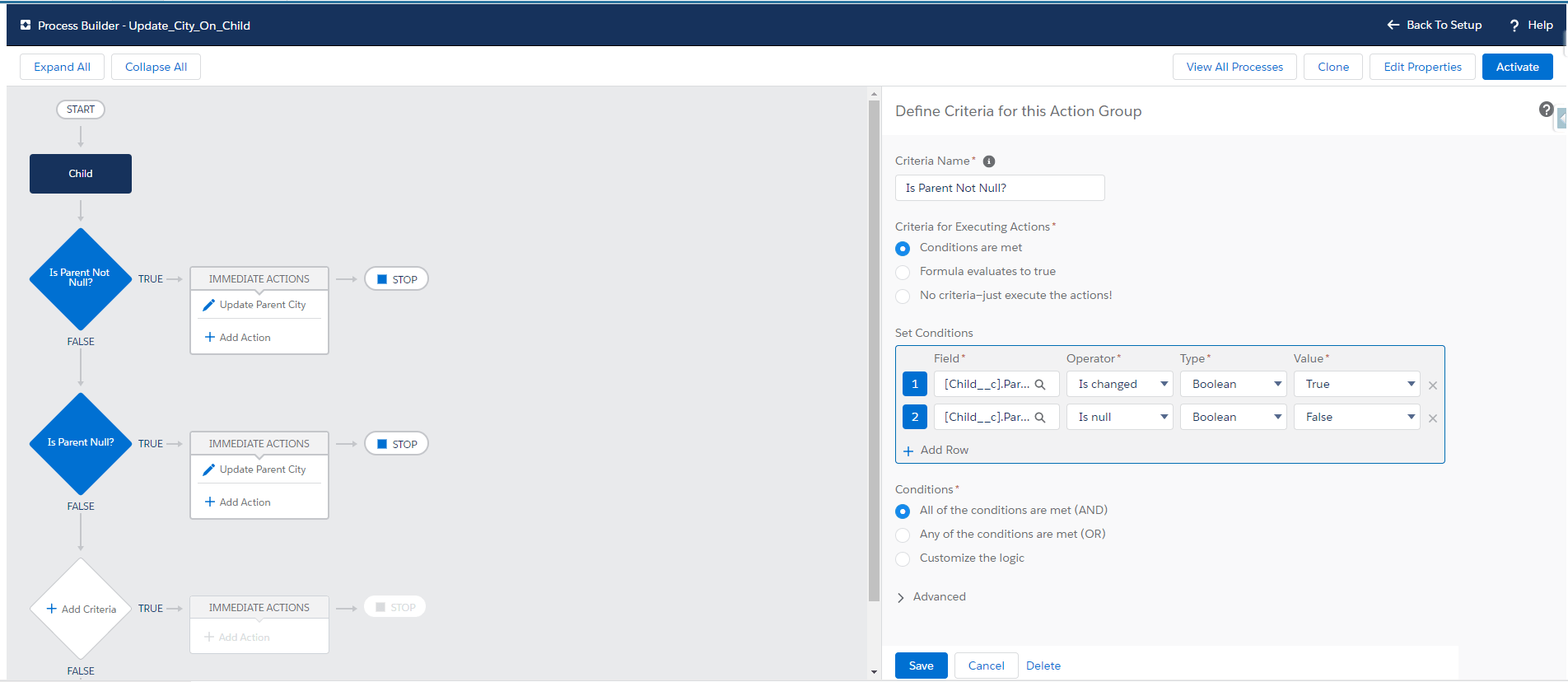 Screenshot of Process Builder: Update City on Child Object; 1-st condition