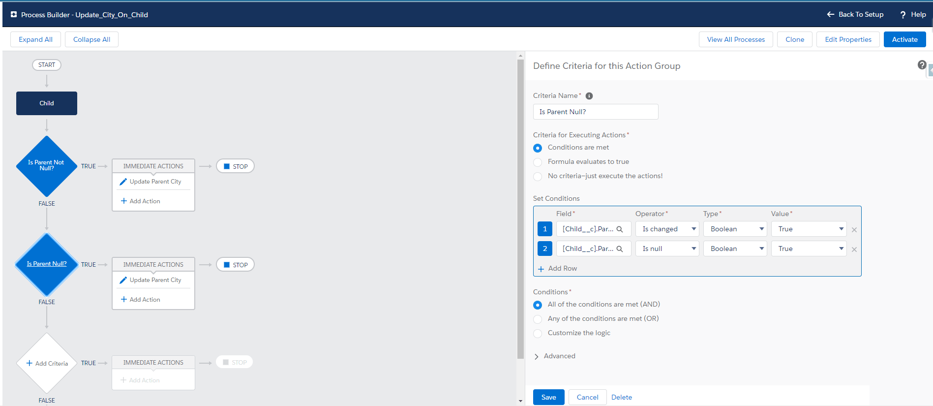 Screenshot of Process Builder: Update City on Child Object; 2-nd condition
