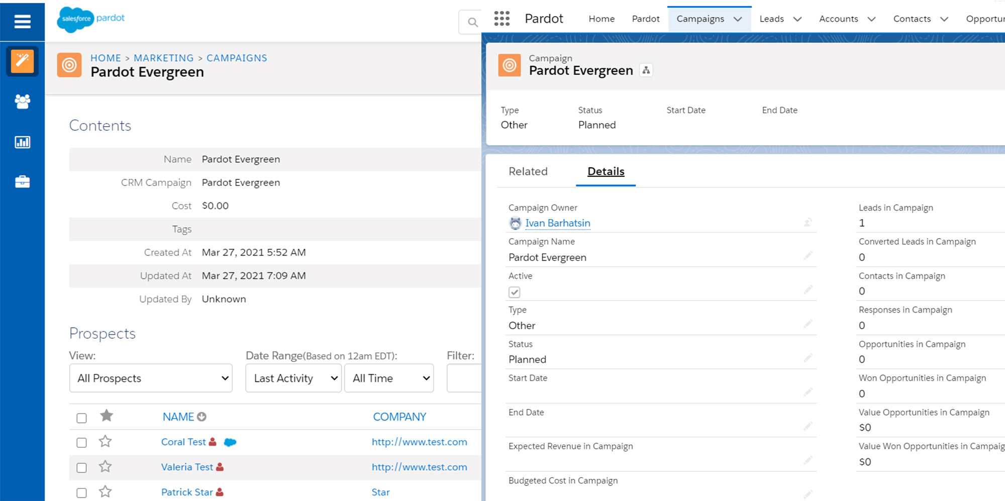 Screenshot of Connected Campaigns both in Pardot and Salesforce