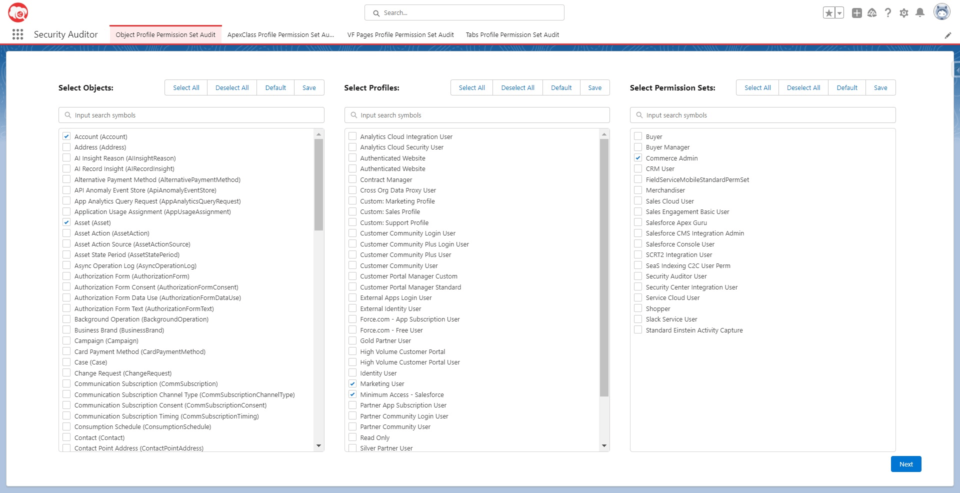 A screenshot of the page with options for selecting Objects, Profiles, and Permission sets in Security Auditor