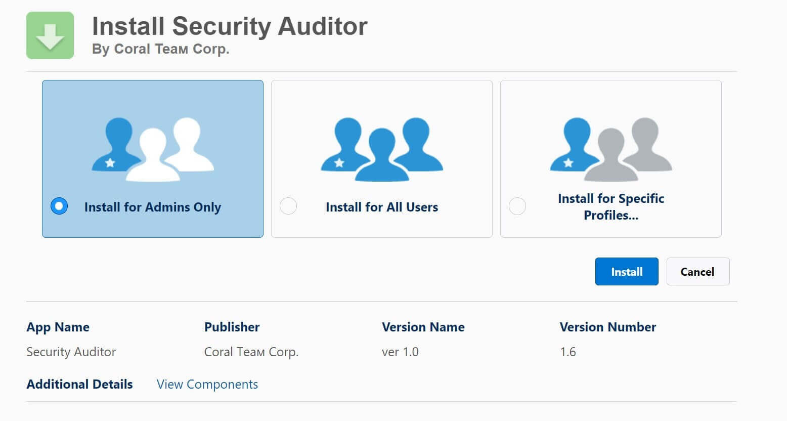 A screenshot of Security Auditor installation from AppExchange