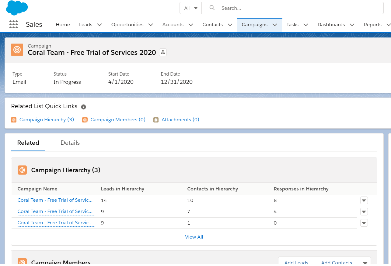 Screenshot of reporting on Campaigns in Salesforce 