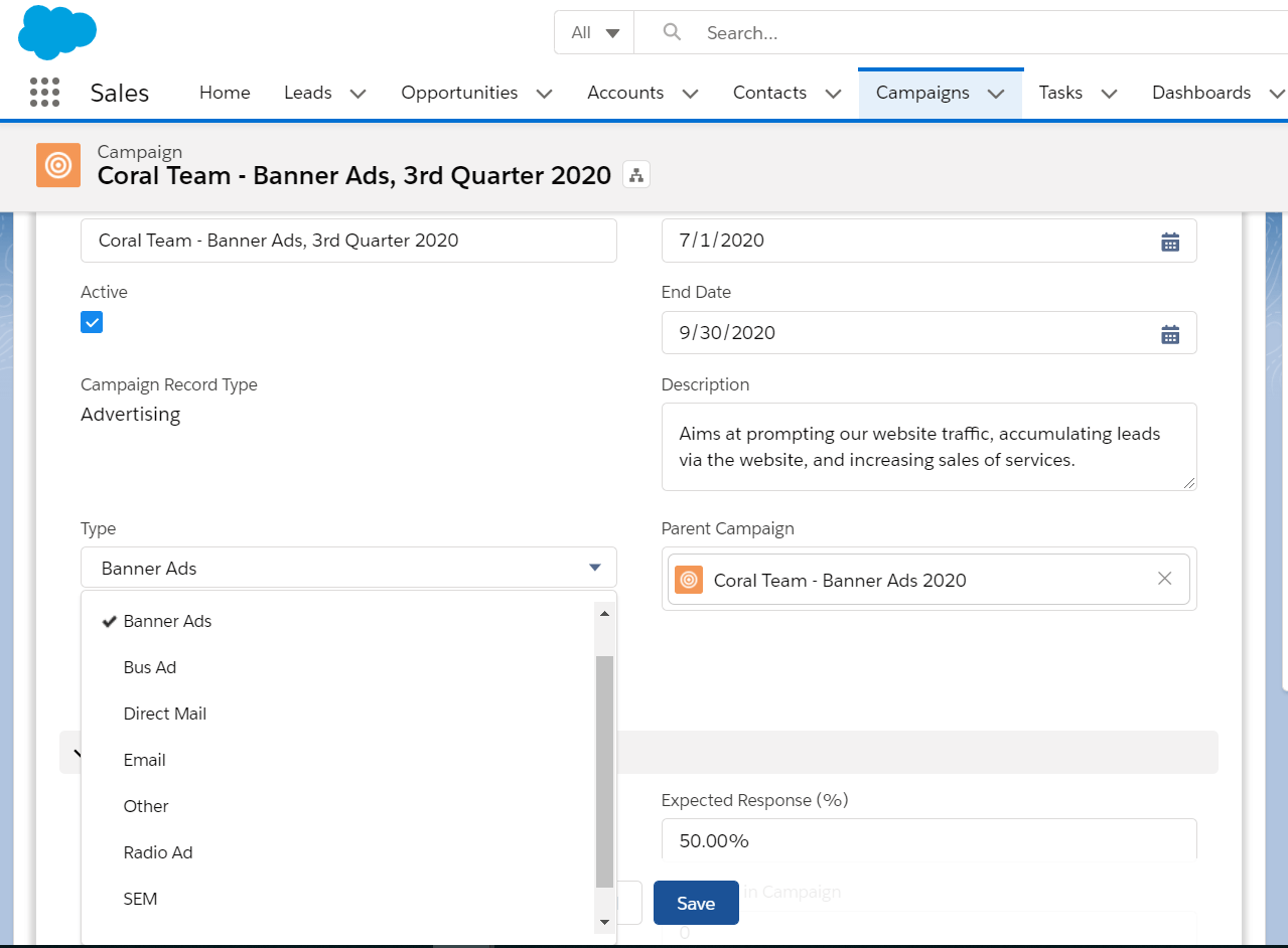 Screenshot of a new record being created in Salesforce Campaigns 